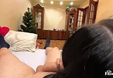 Step-mom!! Sucks step-son's cock deepthroat on Christmas taboo!