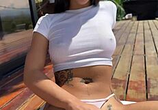 Muscular fitness babe rides huge cock in public jacuzzi bent over doggy style
