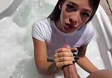 Muscular fitness babe rides huge cock in public jacuzzi bent over doggy style