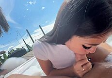 Muscular fitness babe rides huge cock in public jacuzzi bent over doggy style