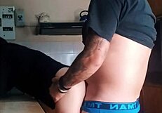 best friend bangs me doggystyle in kitchen while he watches tv nearby