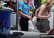 Shoplifter Winter Flynn bent over desk feels officer's fingers slide deep into pussy then fucked hard