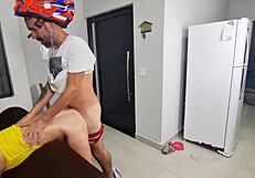 horny housewife in towel greets biker for fetish ass worship session