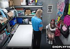 Shoplifter Winter Flynn bent over desk feels officer's fingers slide deep into pussy then fucked hard