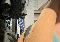 French mature exhibitionist flashes lingerie gets fucked hard by stranger in dressing room cabin