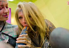 tattooed alt girls punk goth hippie lesbians dildo fuck. they spit tongues kiss moan