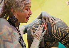 tattooed alt girls punk goth hippie lesbians dildo fuck. they spit tongues kiss moan