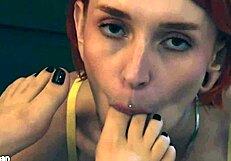 Redhead femdom bitch smothers face with pussy chokes on toes