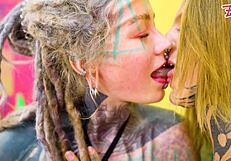 tattooed alt girls punk goth hippie lesbians dildo fuck. they spit tongues kiss moan
