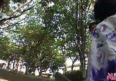 hey this japanese babe in kimono sucks cock outdoors uncensored