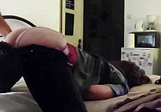 French Blonde Slut in Leather Satin Stockings Heels Sucks Fucks Ass