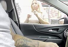 stranger climbs into my car for wet blowjob cumshot on huge natural tits