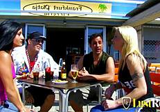 naughty beach blondes ride cocks doggystyle in group creampie orgy
