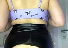 What if big tits bbw teen in leather lingerie fingers her shaved pink wet pussy up close?