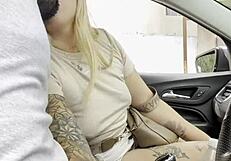 stranger climbs into my car for wet blowjob cumshot on huge natural tits