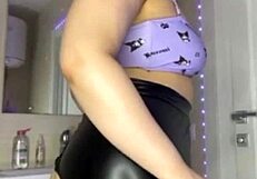 What if big tits bbw teen in leather lingerie fingers her shaved pink wet pussy up close?