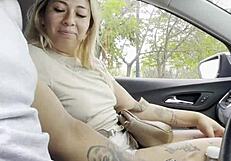 stranger climbs into my car for wet blowjob cumshot on huge natural tits
