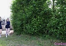 bossy dominas humiliate loser with outdoor uniform handjobs