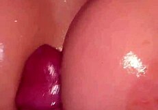 cumming on big tits then shower blowjob slut