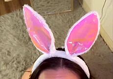 Asian easter bunny brunette sucks deepthroats rides massive cock creampie