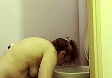 Chained French Maid Slave Whips Toilet Dildo in Bondage Humiliation Session