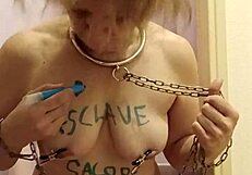 Chained French Maid Slave Whips Toilet Dildo in Bondage Humiliation Session