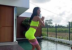 Anal Yoga By Pool Stretches Ass Then Cums In Mouth