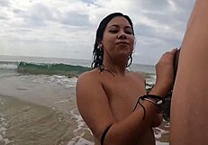 Curvy Spanish milf bends over for public beach cock pounding