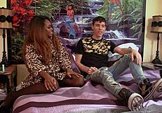 brunette ebony anastasia valentine strips teasing stepbrother aiden after bet loss