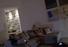 Petite Milf Wife in Miniskirt No Panties No Bra Flashes Pussy Legs on Sofa