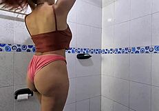 Step-cousin caught showering begs for cum-covered blowjob and deepthroat in pov bathroom