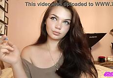 xo bunny's blue eyed brunette latina face smokes cigarette blows in your face while femdom slave titjob