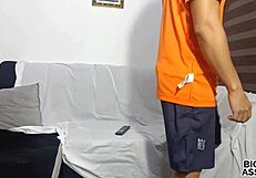 teen sneaks anal fuck with stepdad on sofa almost caught by stepmom