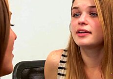 office lesbies kiss wildly then face sit and scissor hard!