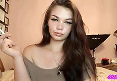 xo bunny's blue eyed brunette latina face smokes cigarette blows in your face while femdom slave titjob