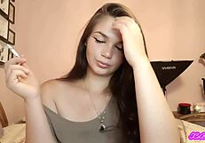 xo bunny's blue eyed brunette latina face smokes cigarette blows in your face while femdom slave titjob