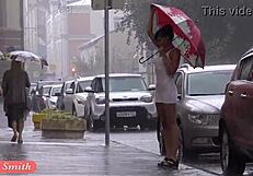 JENY SMITH FLASHES WET PANTIES IN SEE-THROUGH DRESS AND HEELS OUTDOORS!
