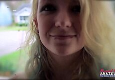 Lovely blonde cutie Chelsie R masturbates then takes pounding cum facial