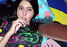Colombian Actress with Big Natural Saggy Tits Masturbates Solo Using Huge Dildo on Bed Homemade