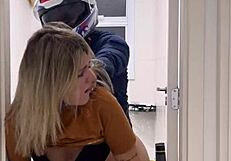 motoboy catches peeing slut in ladies toilet fucks wet pussy till she cums on monster cock