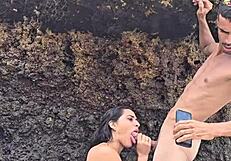 Crossdressing with big ass african latina leads to deepthroat blowjob on monster cock at beach