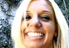 Busted blonde reveals her big tits and pierced nipples up close