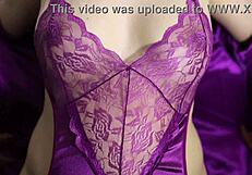 Young amateur fingers huge tits through sexy white satin dress solo
