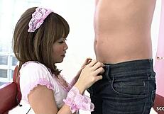 Petite Japanese doll teen in dress slurps cum-filled blowjob roleplay