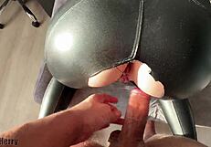 Her perfect big ass in leather leggings shakes as she bends for monster cock doggystyle cum