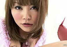 Petite Japanese doll teen in dress slurps cum-filled blowjob roleplay