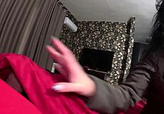 brown down jacket tease with long nails deep sloppy throat and cum on sleeve