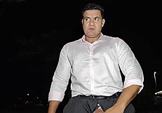 Yuri Gaucho flashes his huge cock outdoors and strokes until he cums hard