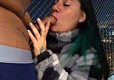 Friend gives blowjob on balcony