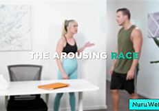 Sexy blonde rubs tits on client